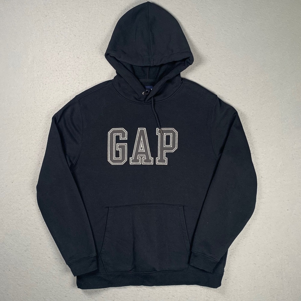 Gap Hoodie Mens Small Black Embroidered Logo Pullover Sweatshirt Fleece Sweater